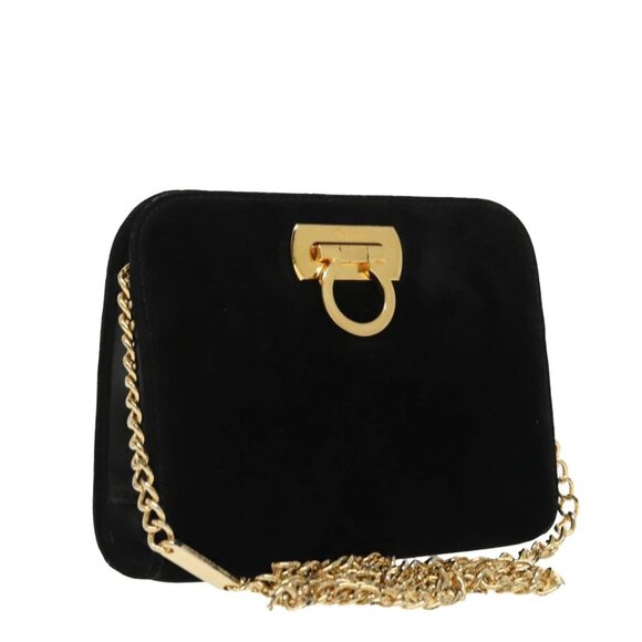 Salvatore Ferragamo Gancini Chain Shoulder Bag Suede Black Gold Auth 100302 - Picture 1 of 16